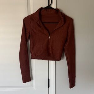 BuffBunny Cropped Zip-Front Long Sleeve Top - Rust Brown